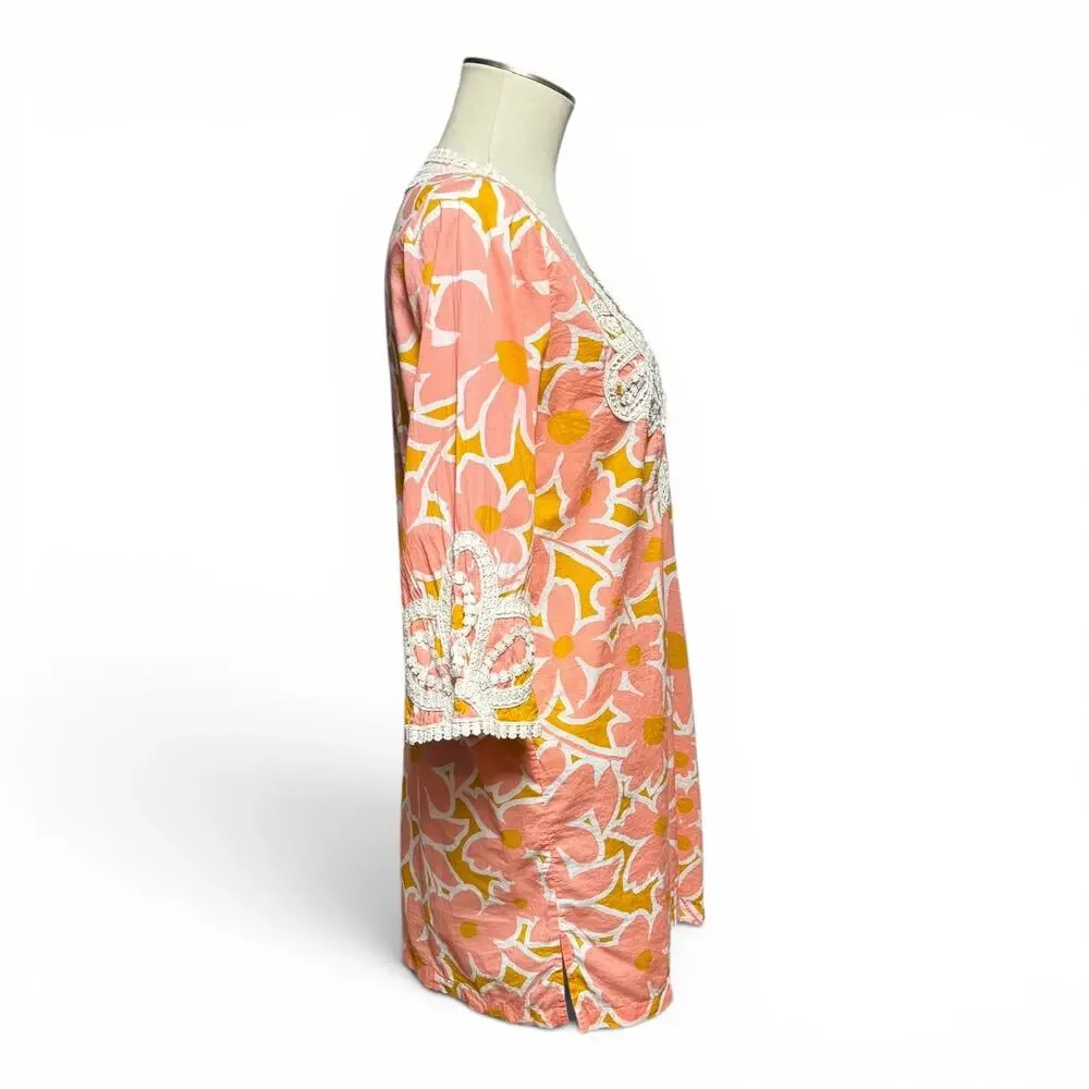 J.Crew Cotton Lace Tunic Cover-Up Top Floral Pink Yellow Mustard Small